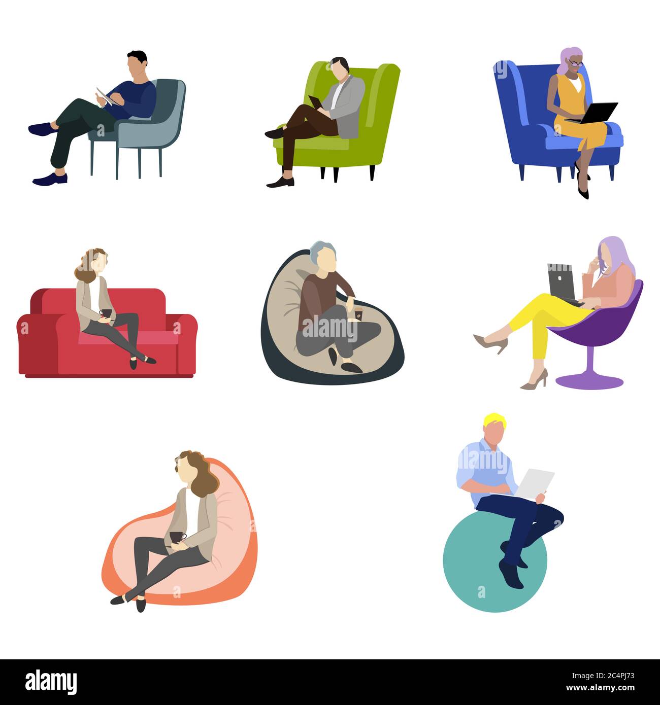 People woman man siitting on chair and armchair. Illustration adult people cartoon sit in couch, sitting at work with laptop or read book vector color Stock Vector