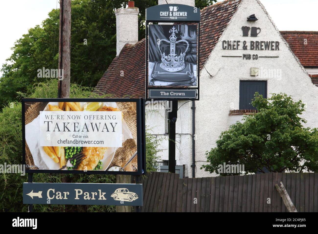 St Neots, UK. 27th June, 2020. Takeaway service sign displayed outside one of the pubs in the scheme.All Greene King's pubs will follow a new set of Pub Safe promises, ahead of their re-opening designed to care for its team members and ensure customers can socialize safely. Credit: SOPA Images Limited/Alamy Live News Stock Photo