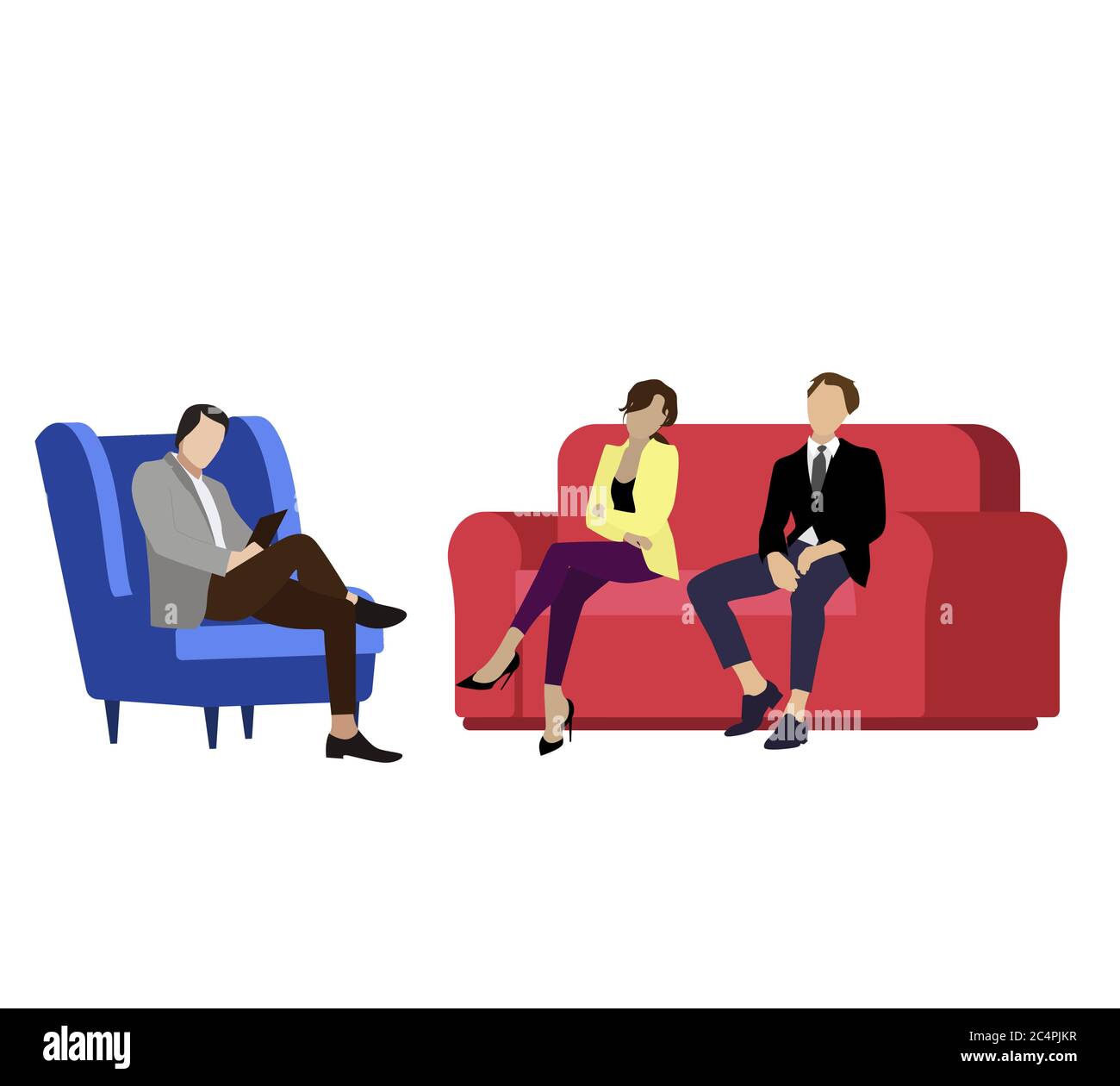 Couple husband and wife consult psychologist. Vector consultation psychologist, woman and man family visit specialist psychology, psychiatry therapy i Stock Vector