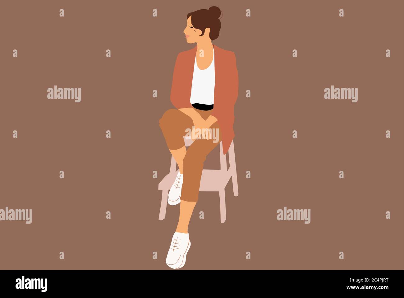 Portrait of a stylish woman dressed casually in a business style sitting on the color background. Vector illustration in flat cartoon style Stock Vector