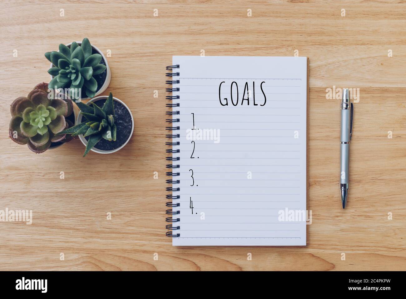 New year  GOALS list. Office desk table with notebooks and pancil with pot plant. Stock Photo