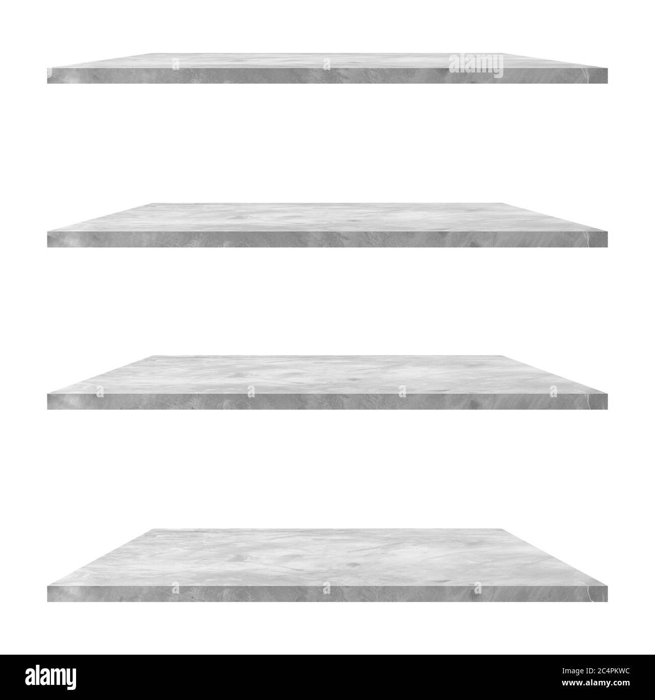 4 concrete shelves table isolated on white background and display montage for product. Stock Photo