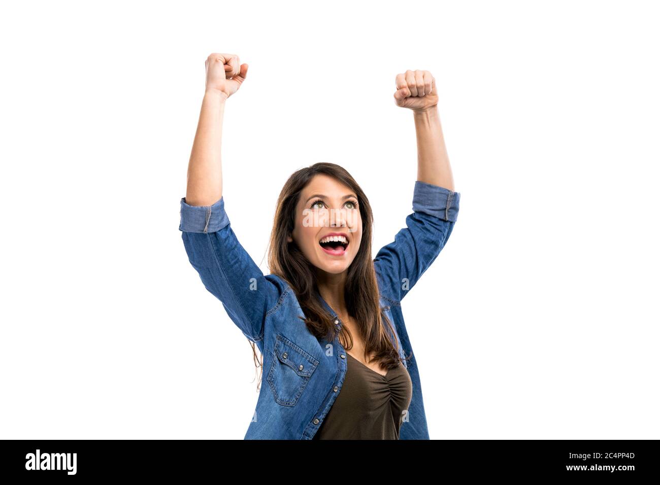 Happy woman with the achieved success, isolated over white background ...