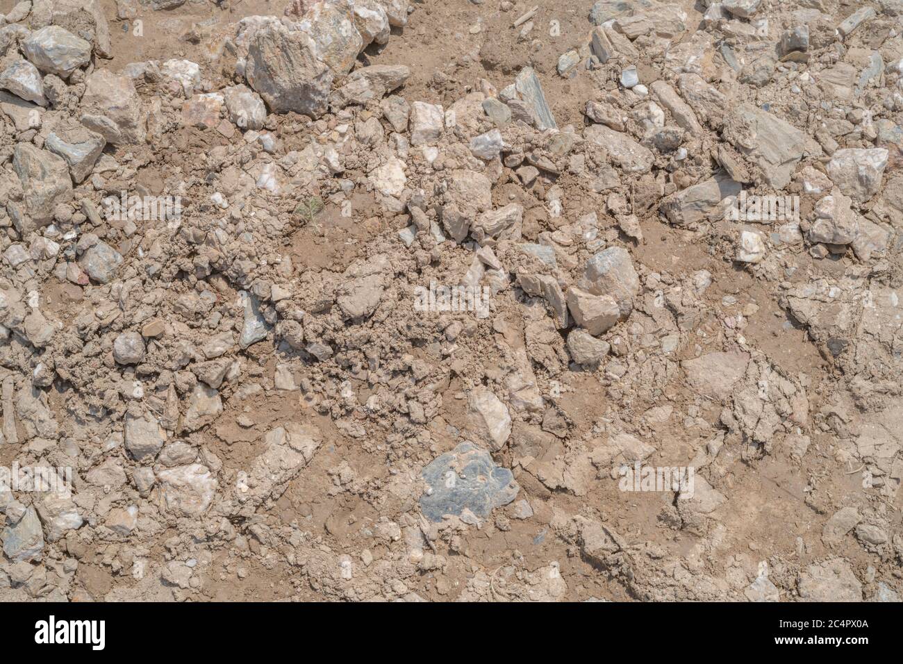 Exceptionally dry stony soil in sunlit field, left behind flash flooding of cropped field. Soil texture, soil structure, random concept, bad ground. Stock Photo