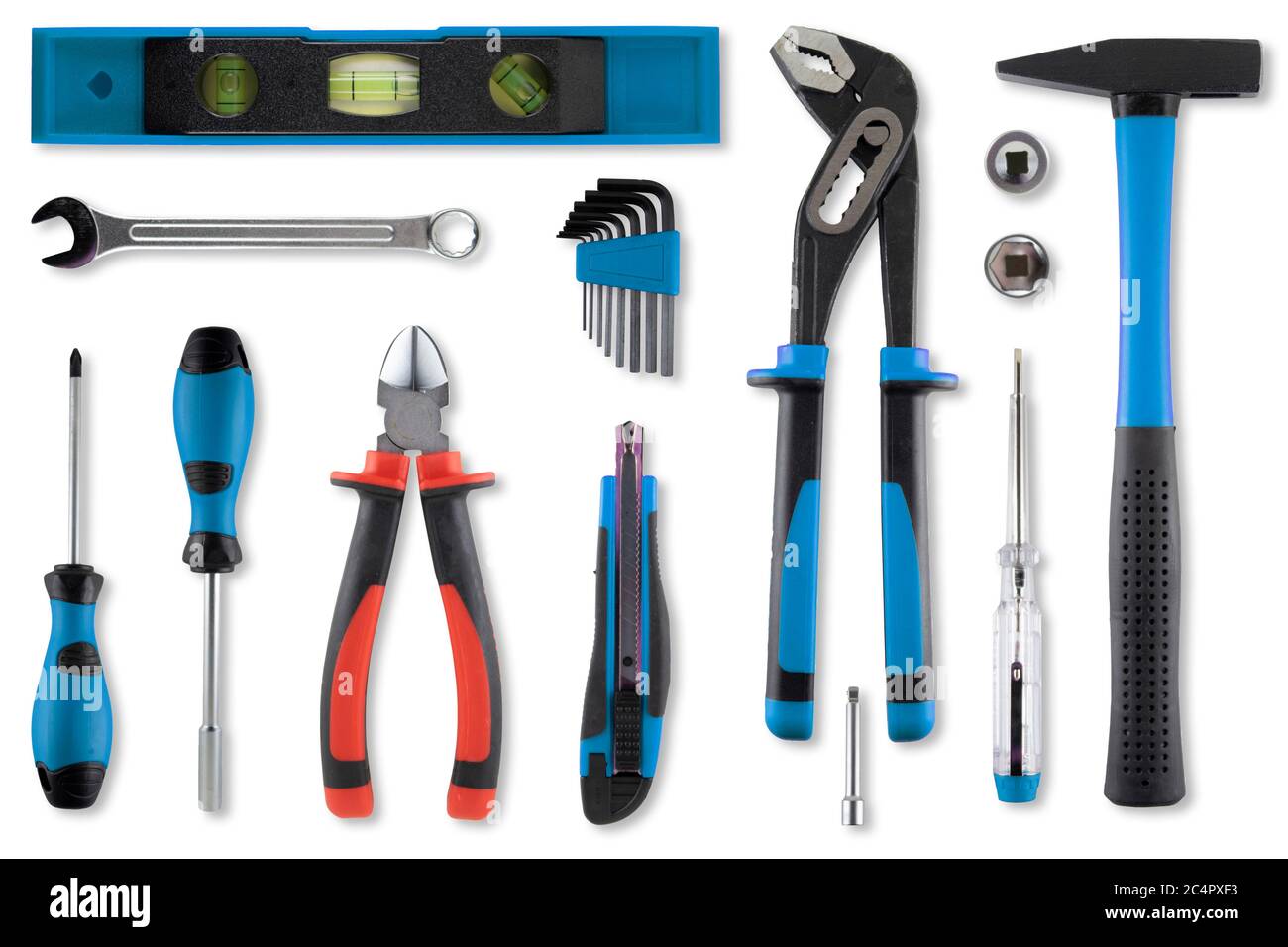 Flat lay with multiple work tools on white background with a soft ...