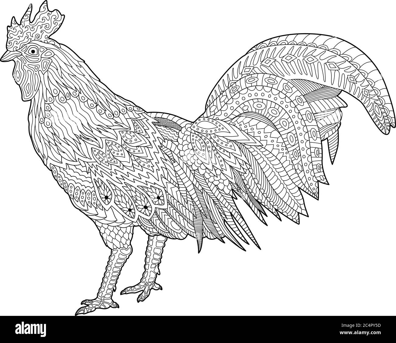 Adult detailed coloring book page with rooster on white background ...