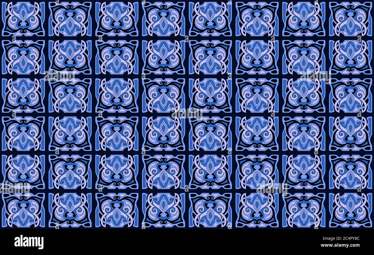 Old style blue seamless pattern with stylized owl heads Stock Vector