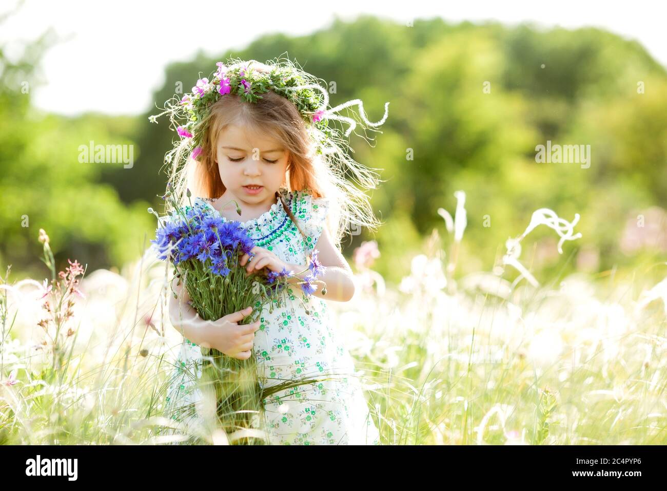portrait of a cute little girl with a wreath on her head smiling ...