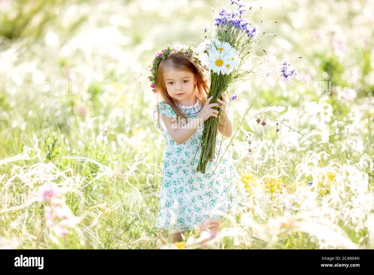 portrait of a cute little girl with a wreath on her head smiling ...