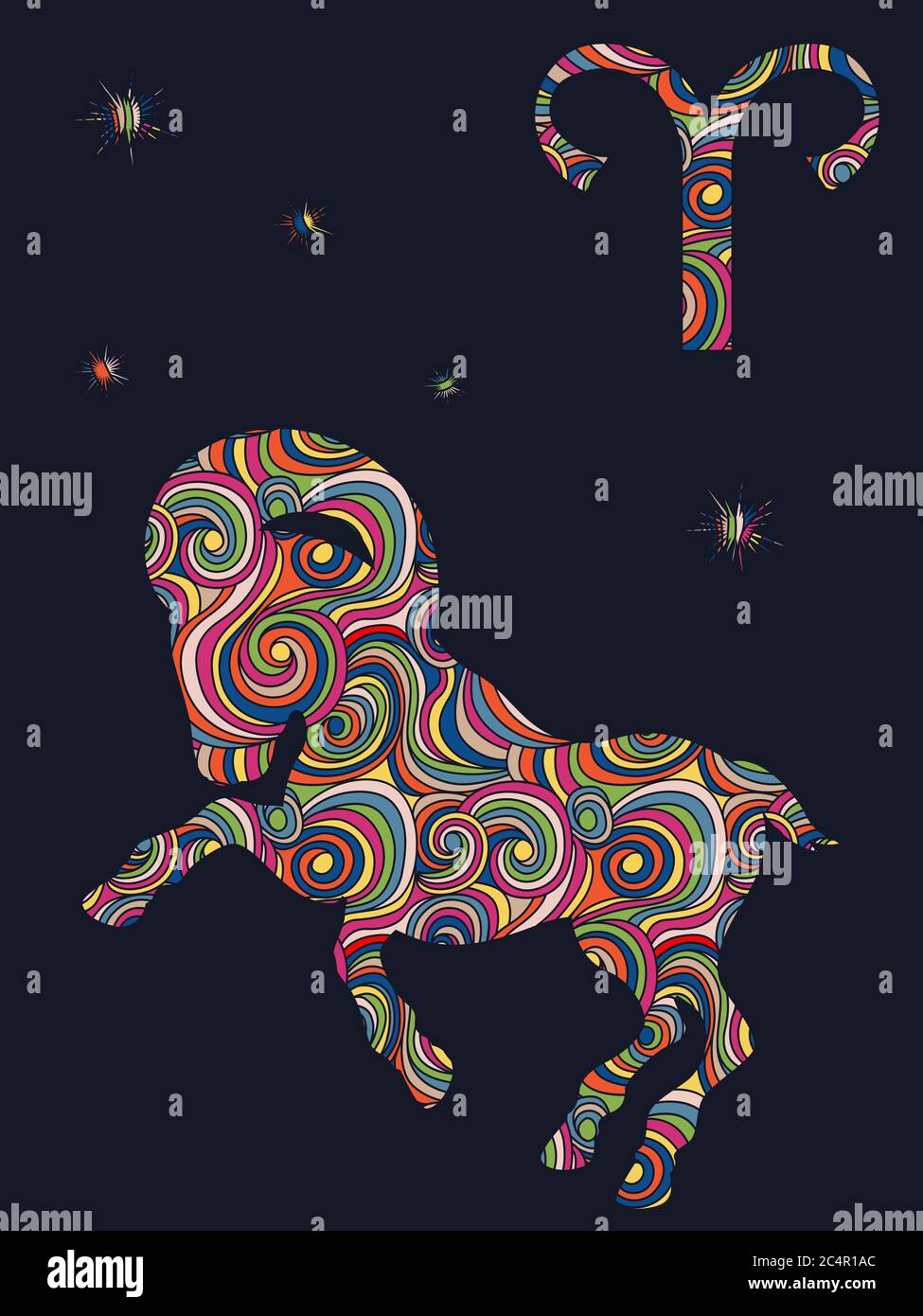 Zodiac sign Aries fill with colorful muted wavy shapes on the dark gray background with stars and astrological symbols, vector illustration Stock Vector