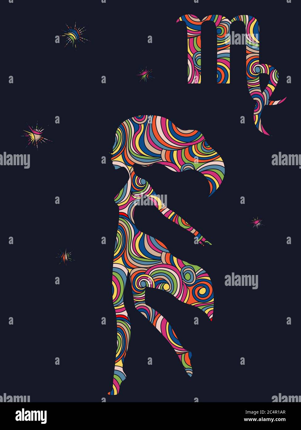 Zodiac sign Virgo fill with colorful muted wavy shapes on the dark gray