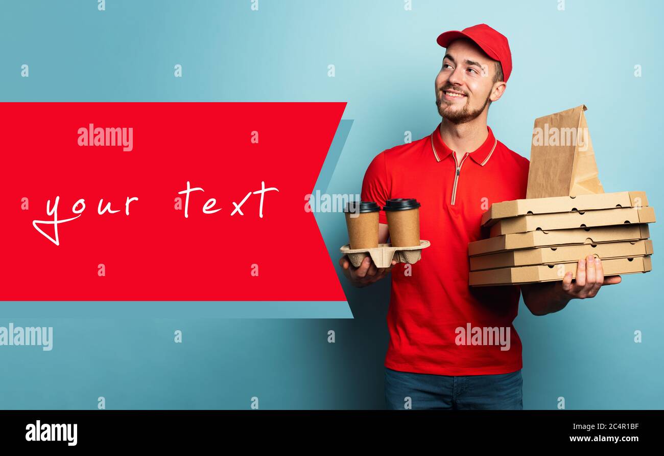 Courier is happy to deliver hot coffee,pizza and food. Cyan background Stock Photo