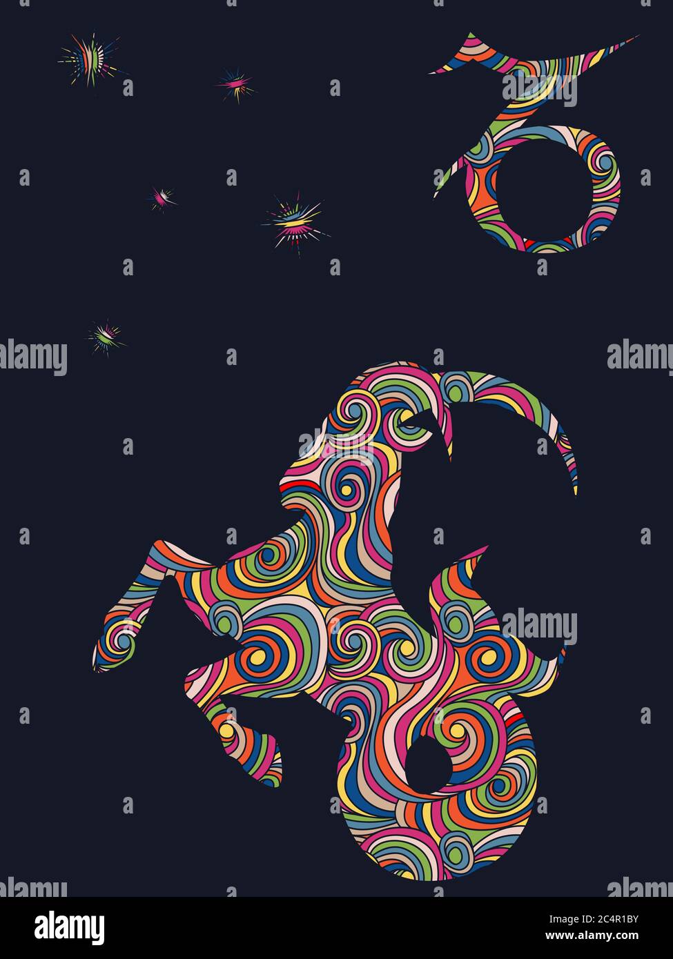 Zodiac sign Capricorn fill with colorful muted wavy shapes on the dark