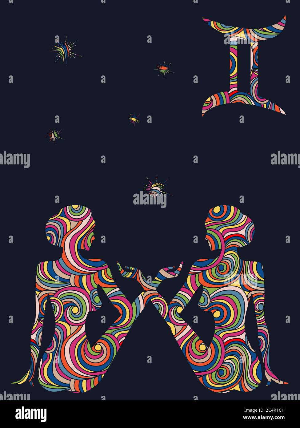 Zodiac sign Gemini fill with colorful muted wavy shapes on the dark