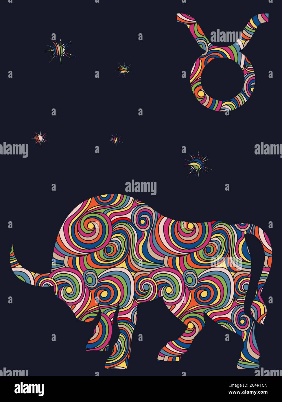 Zodiac sign Taurus fill with colorful muted wavy shapes on the dark gray background with stars and astrological symbols, vector illustration Stock Vector