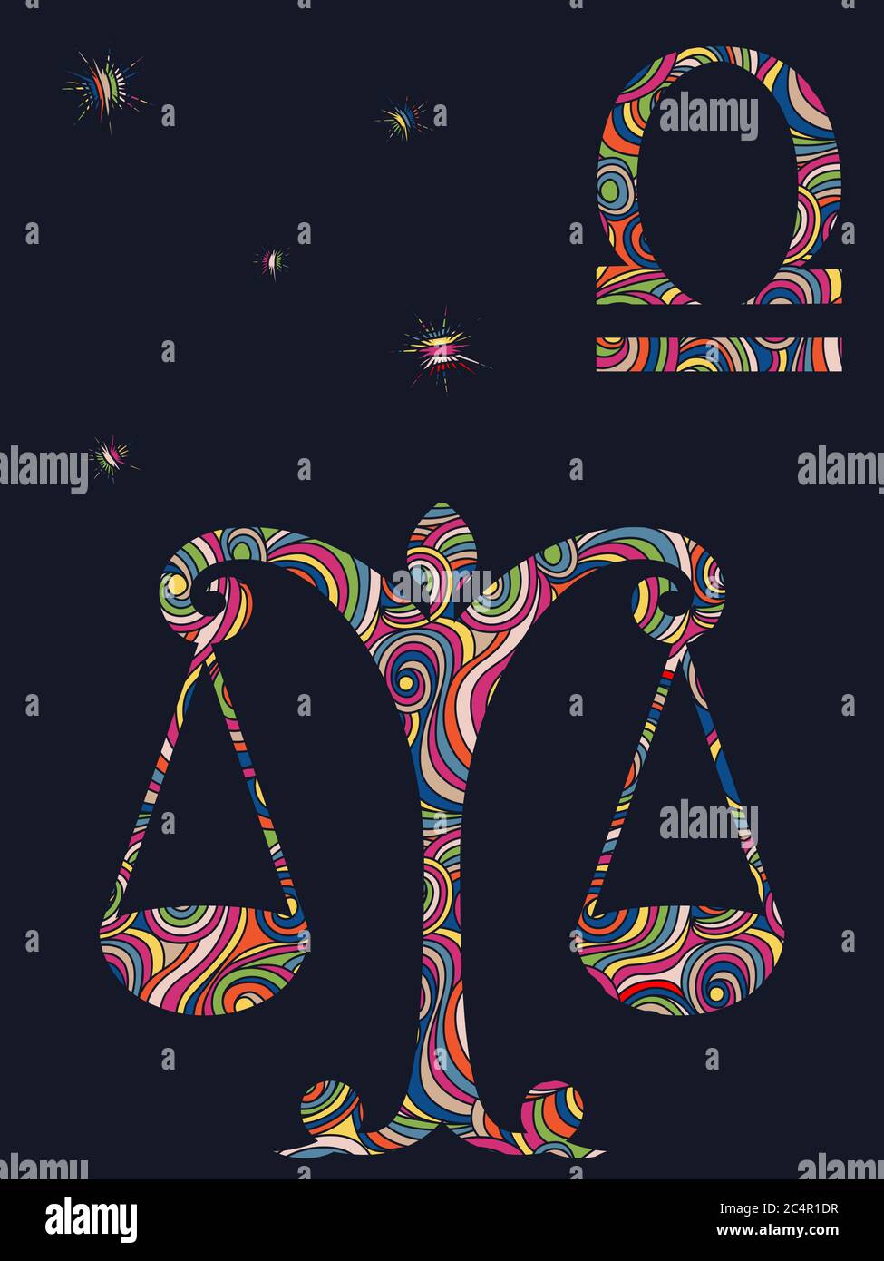 Zodiac sign Libra fill with colorful muted wavy shapes on the dark gray background with stars and astrological symbols, vector illustration Stock Vector