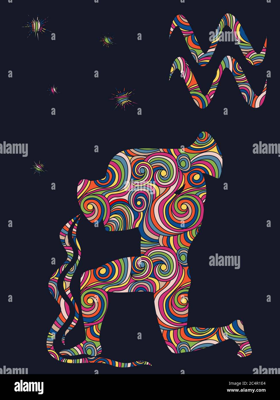Zodiac sign Aquarius fill with colorful muted wavy shapes on the dark