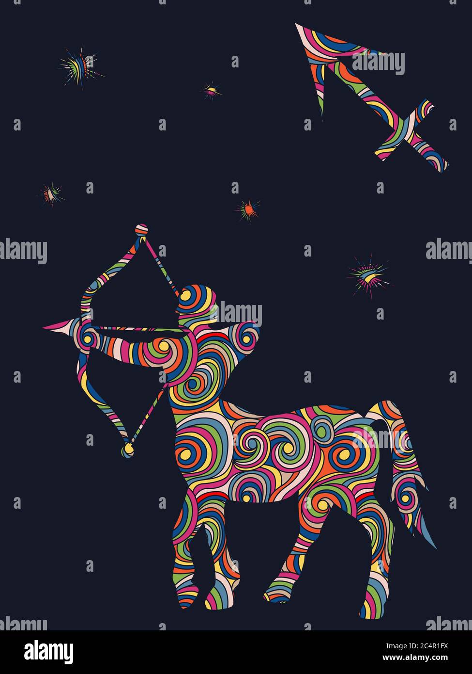 Zodiac sign Sagittarius fill with colorful muted wavy shapes on the