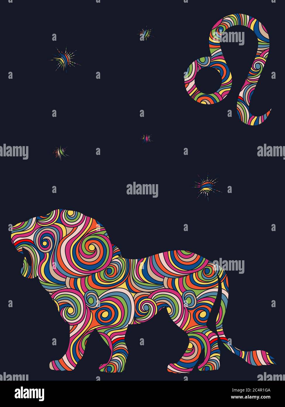 Zodiac sign Leo fill with colorful muted wavy shapes on the dark gray background with stars and astrological symbols, vector illustration Stock Vector