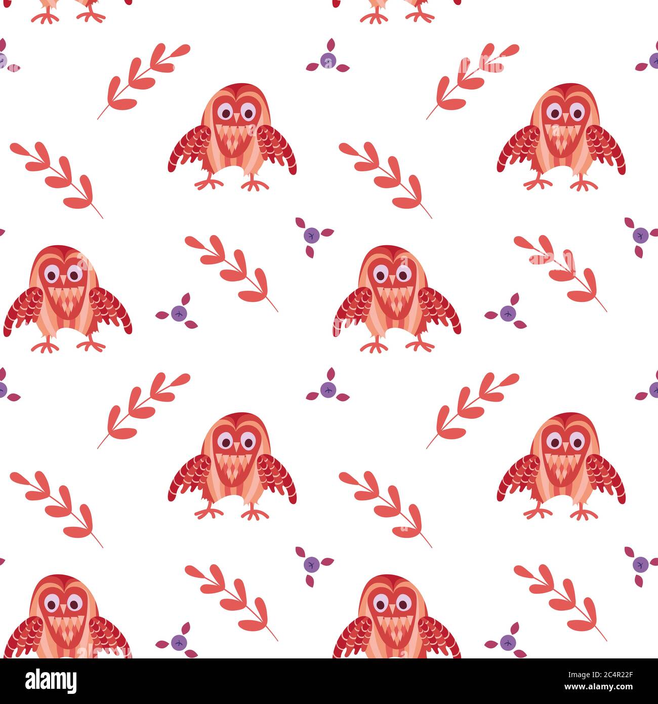 Seamless pattern with cute cartoon owls and plants. Woodland character ...