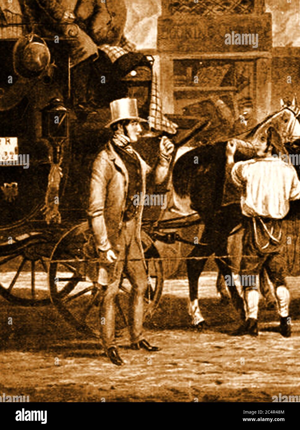 It was the duty of coachmen (left)  to report any hostler (right) who wasn't ready and waiting to attend the horses immediately it arrived at an inn. Stock Photo