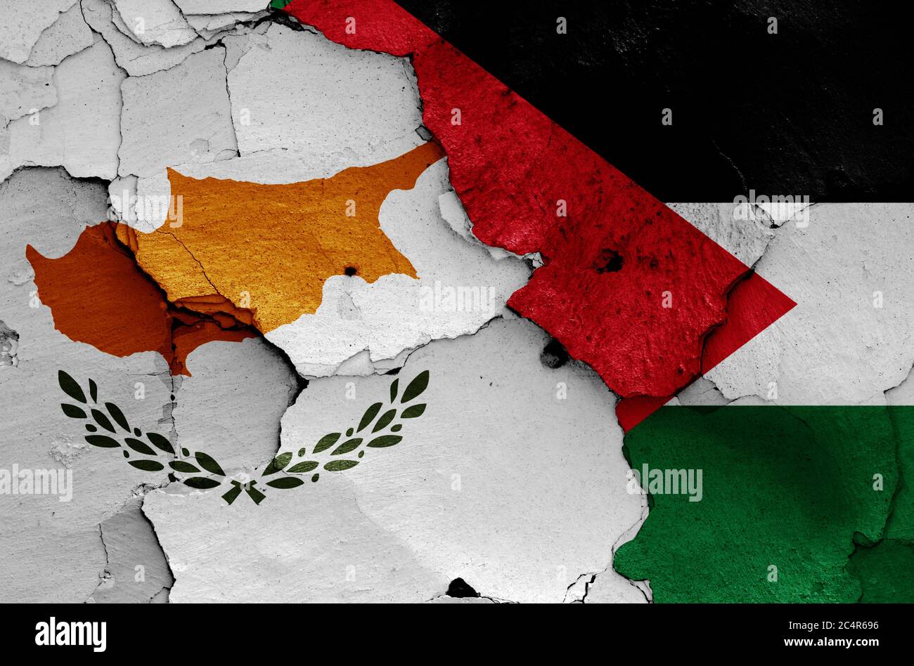 flags of Cyprus and Palestine painted on cracked wall Stock Photo