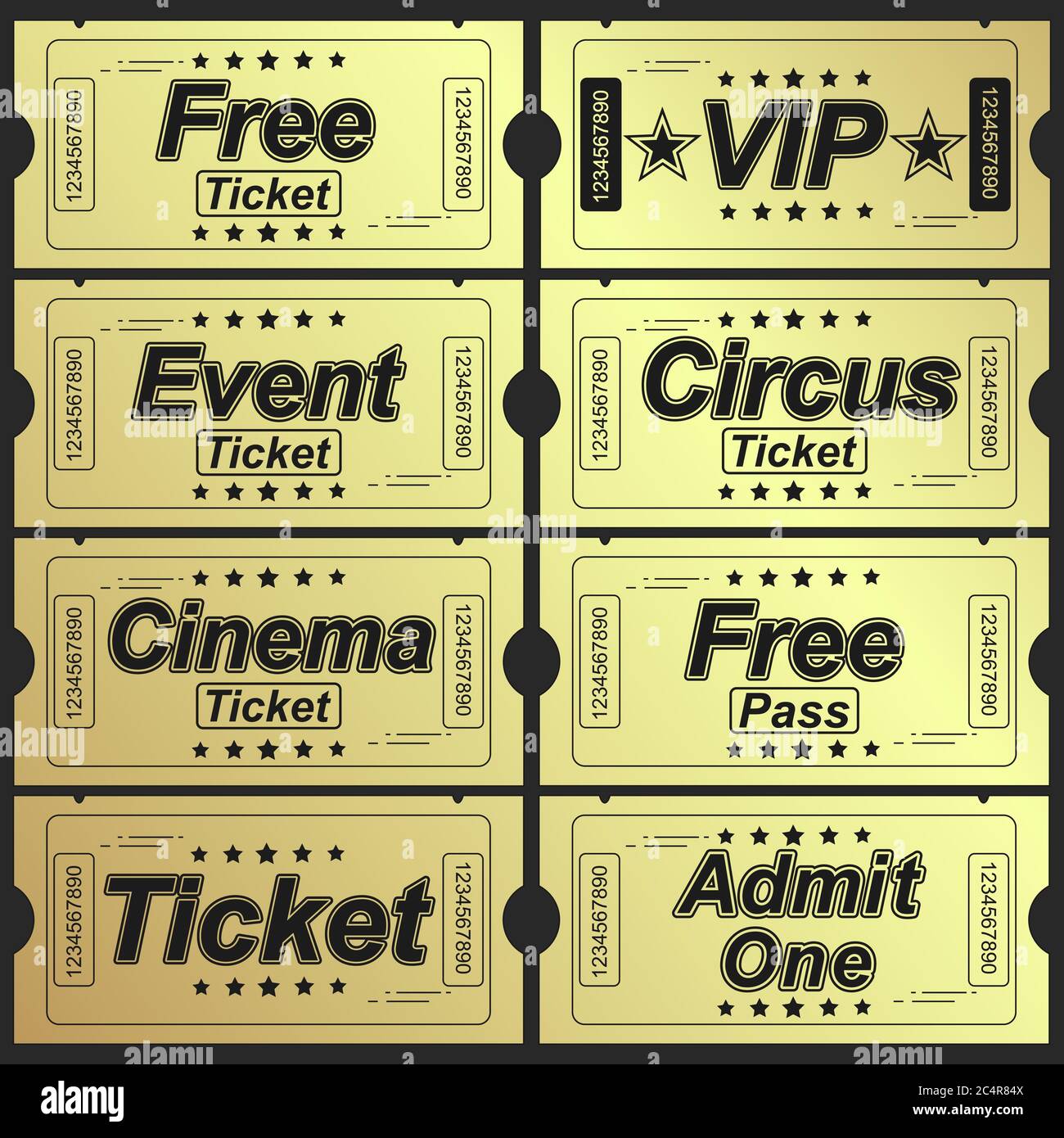 Set of eleven golden vector tickets and coupons templates. Vector file is organized in layers to separate Graphic elements from texture and text. Stock Vector