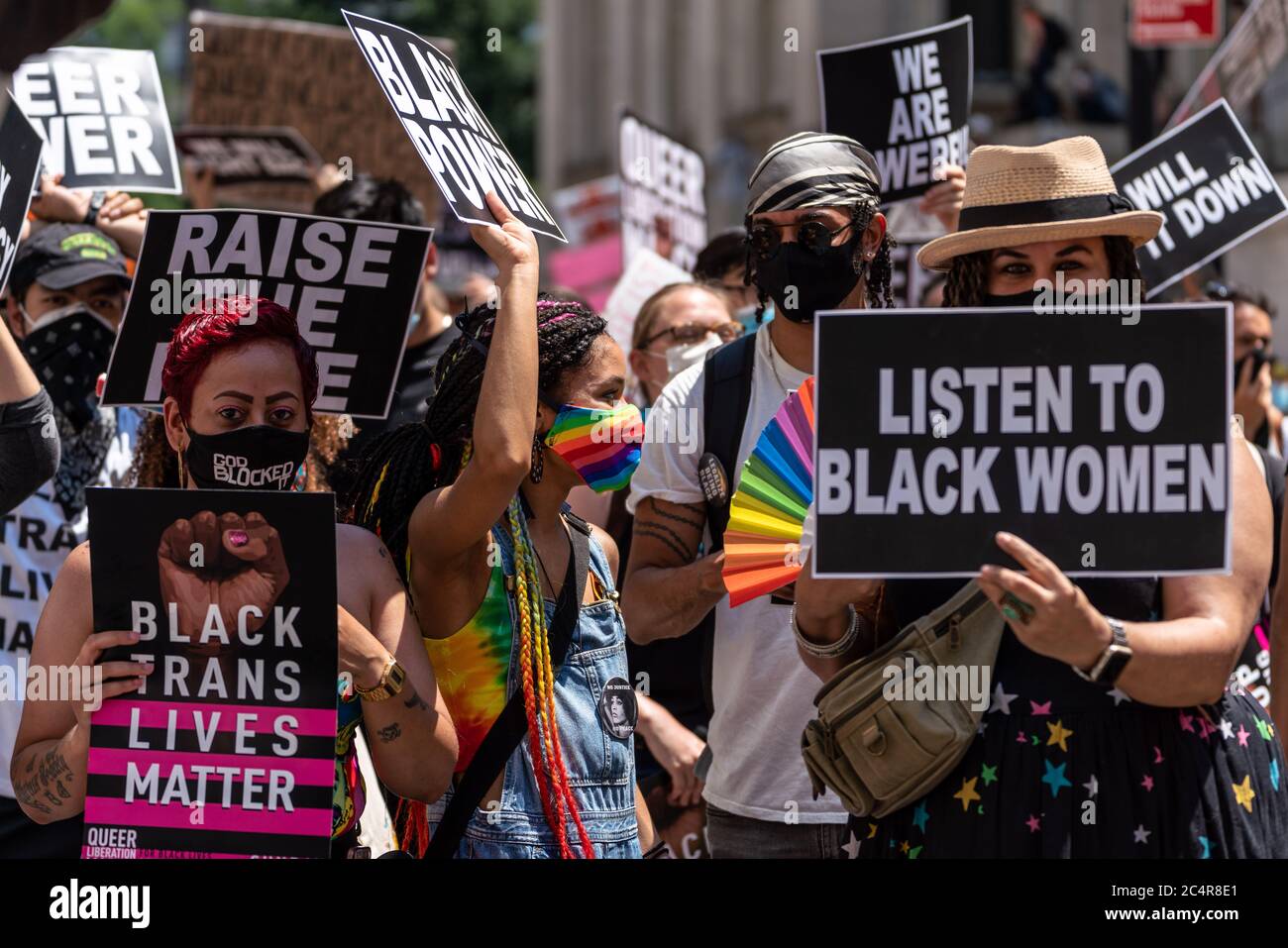 New York, New York, USA. 28th June, 2020. New York, New York, U.S.: People celebrate the 50th anniversary of the NYC Pride March during a Queer Liberation March in support for Black Lives Matter and against police brutality at Foley Square. Credit: Corine Sciboz/ZUMA Wire/Alamy Live News Stock Photo