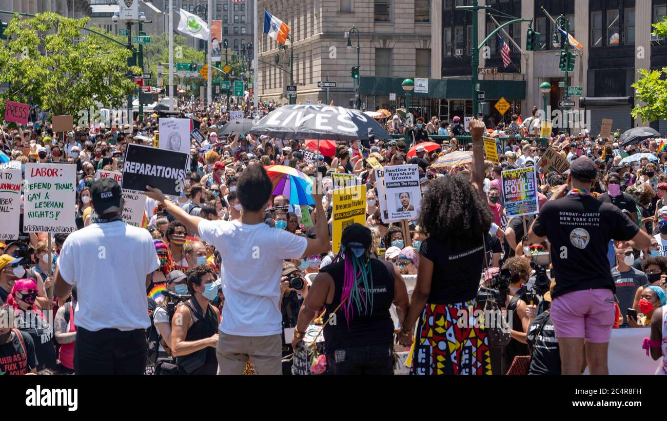 New York, New York, USA. 28th June, 2020. New York, New York, U.S.: Reclaim Pride Coalition organizes a Queer Liberation March in support for Black Lives Matter and against police brutality at Foley Square on the 50th anniversary of the first Pride march in the city. Credit: Corine Sciboz/ZUMA Wire/Alamy Live News Stock Photo