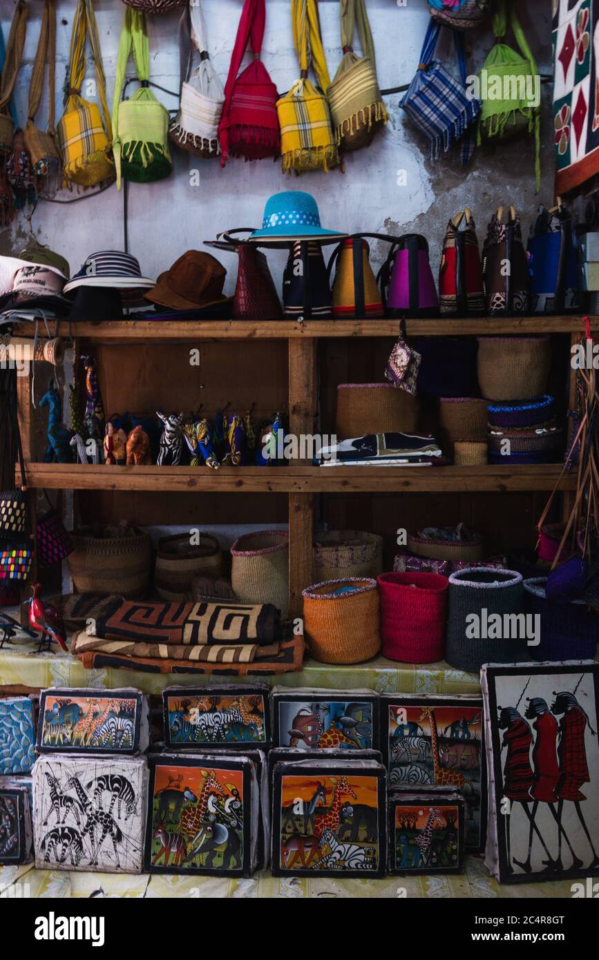 Inside a souvenir shop in Stone Town, Zanzibar, Tanzania Stock Photo