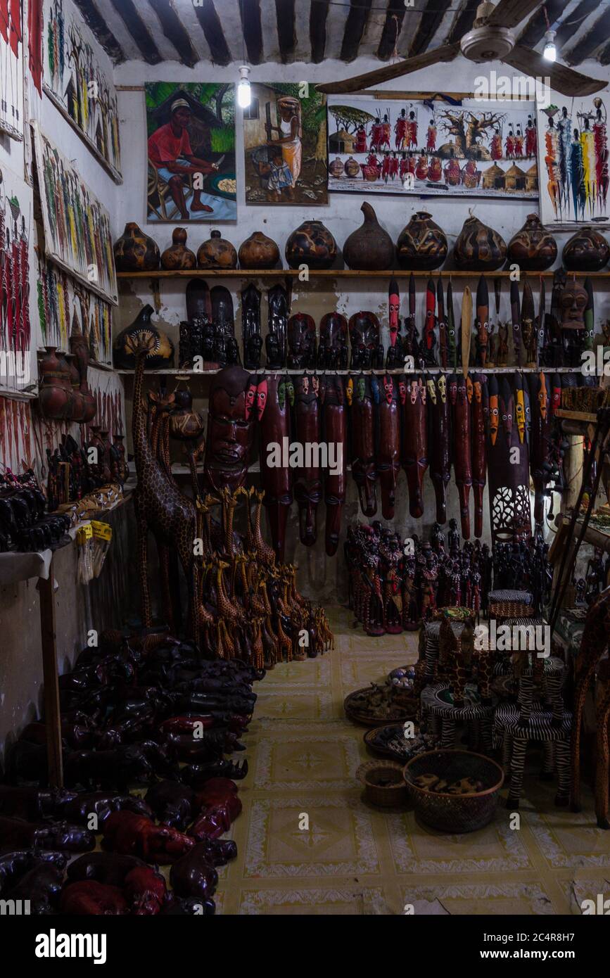 Inside a souvenir shop in Stone Town, Zanzibar, Tanzania Stock Photo