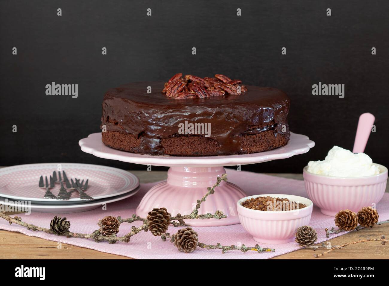 chocolate cake with pecan nuts on cake plate Stock Photo
