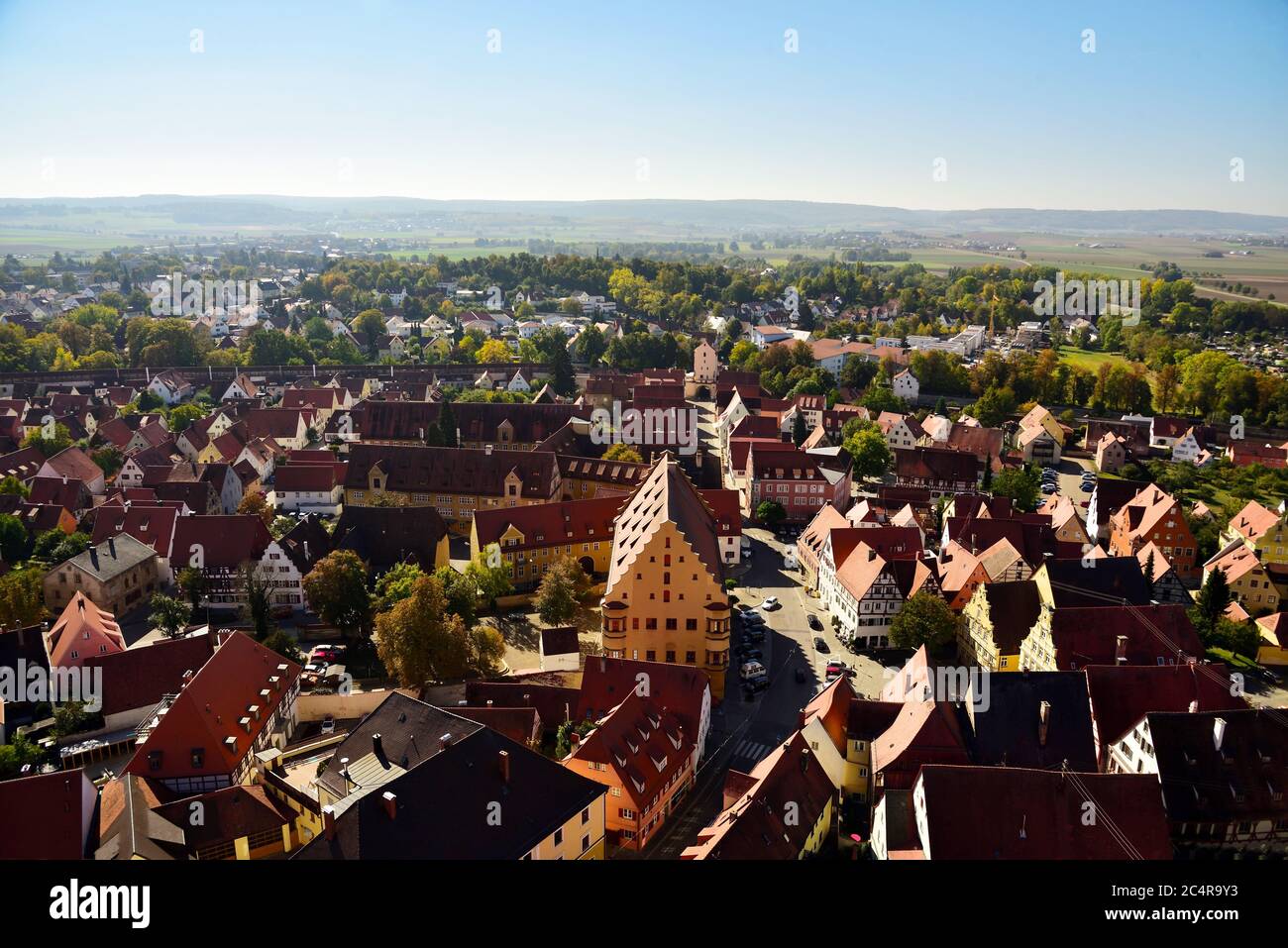 Looking down from The Tower of St. Georges Church at The Middle Ages History City of Nördlingen, Bavaria, Germany, Europe. Stock Photo