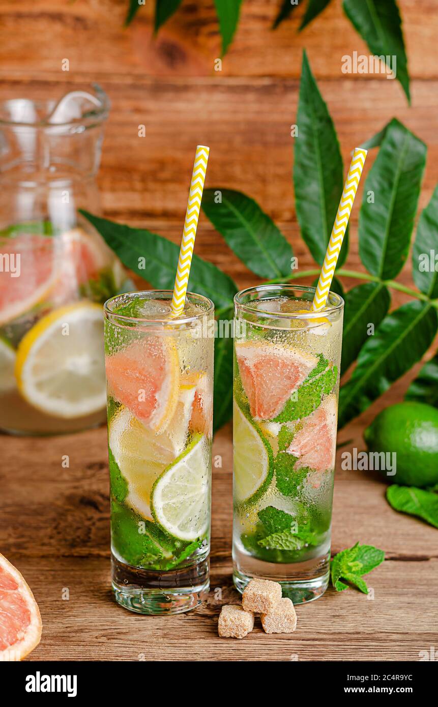 Mojito cocktail with lime, lemon, grapefruit, mint and cane sugar