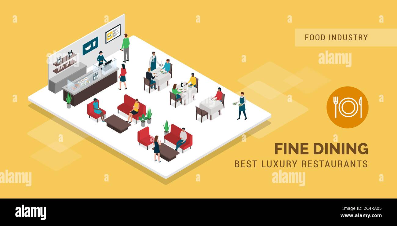 People eating in a luxury restaurant and having drinks together: restaurant industry concept Stock Vector