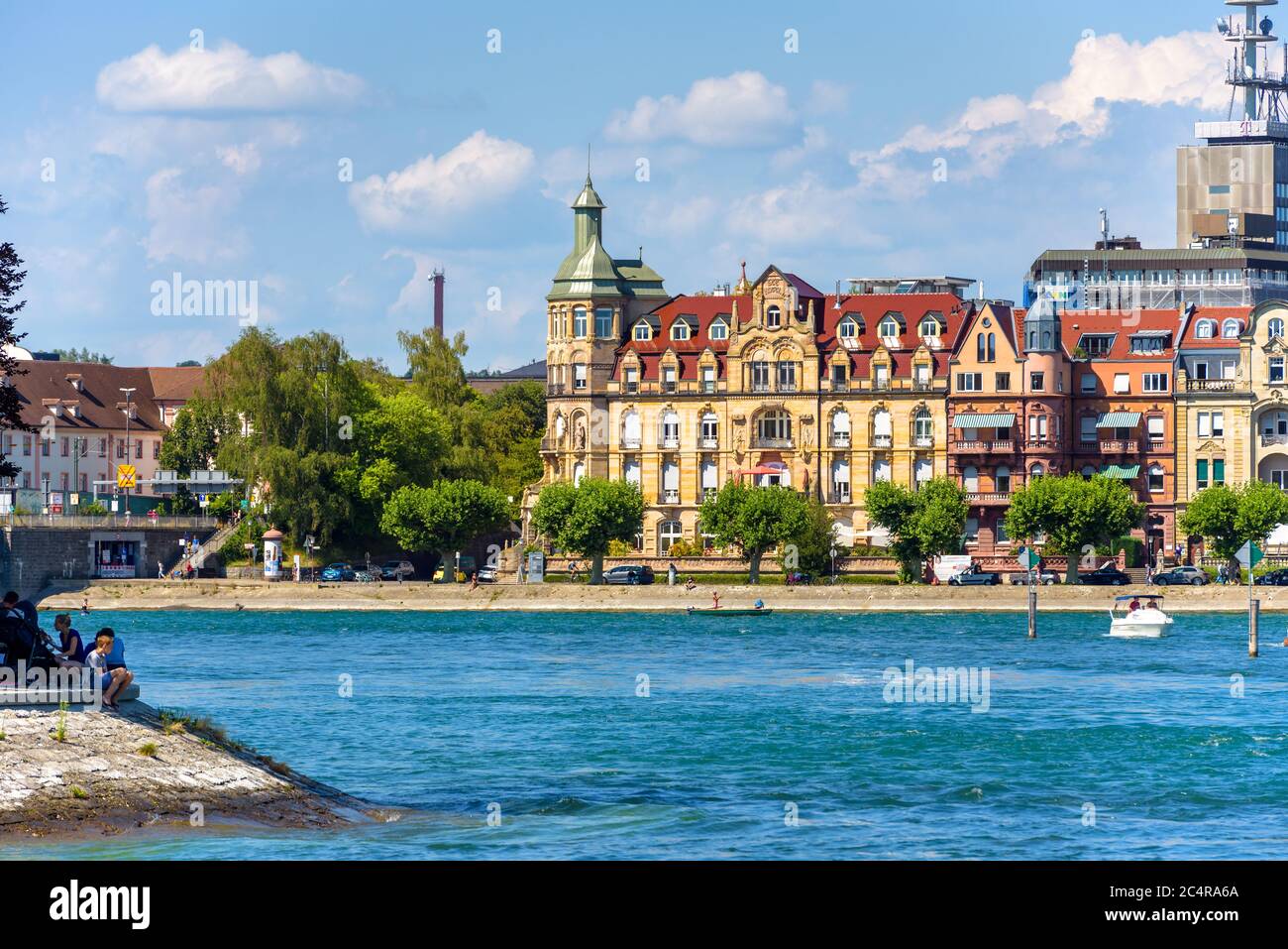 Constance, Germany – July 30, 2019: Scenery of old Constance or Konstanz in summer. Scenic view of coast of Constance Lake (Bodensee). Embankment with Stock Photo
