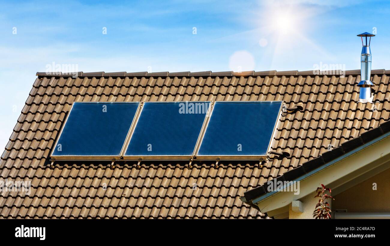 Solar panel on residential house rooftop. Solar system on roof of home