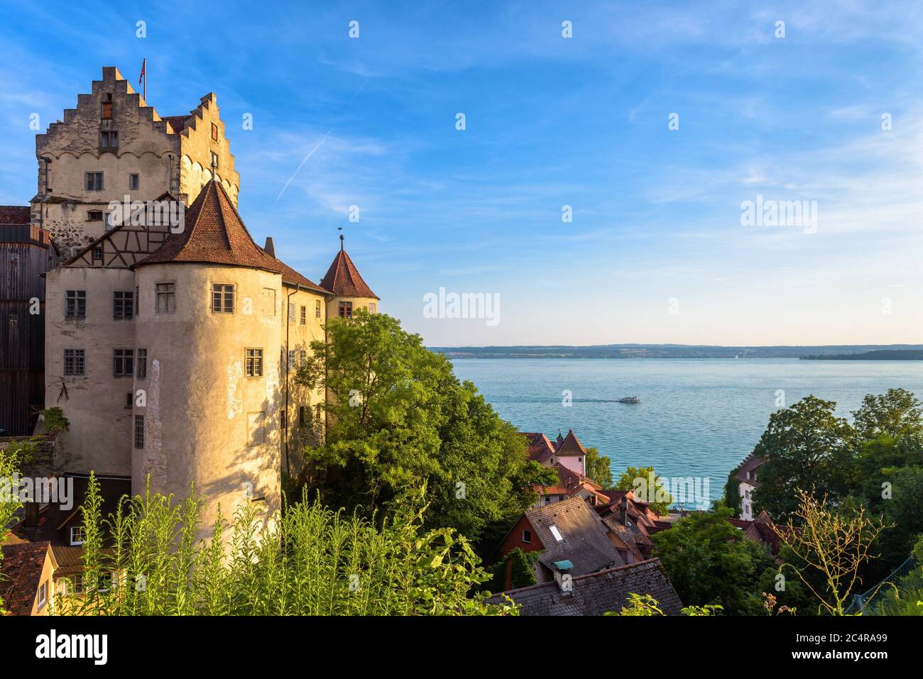 Meersburg Castle at Lake Constance or Bodensee, Germany. This medieval castle is landmark of Meersburg town. Scenic view of old German castle in summe Stock Photo