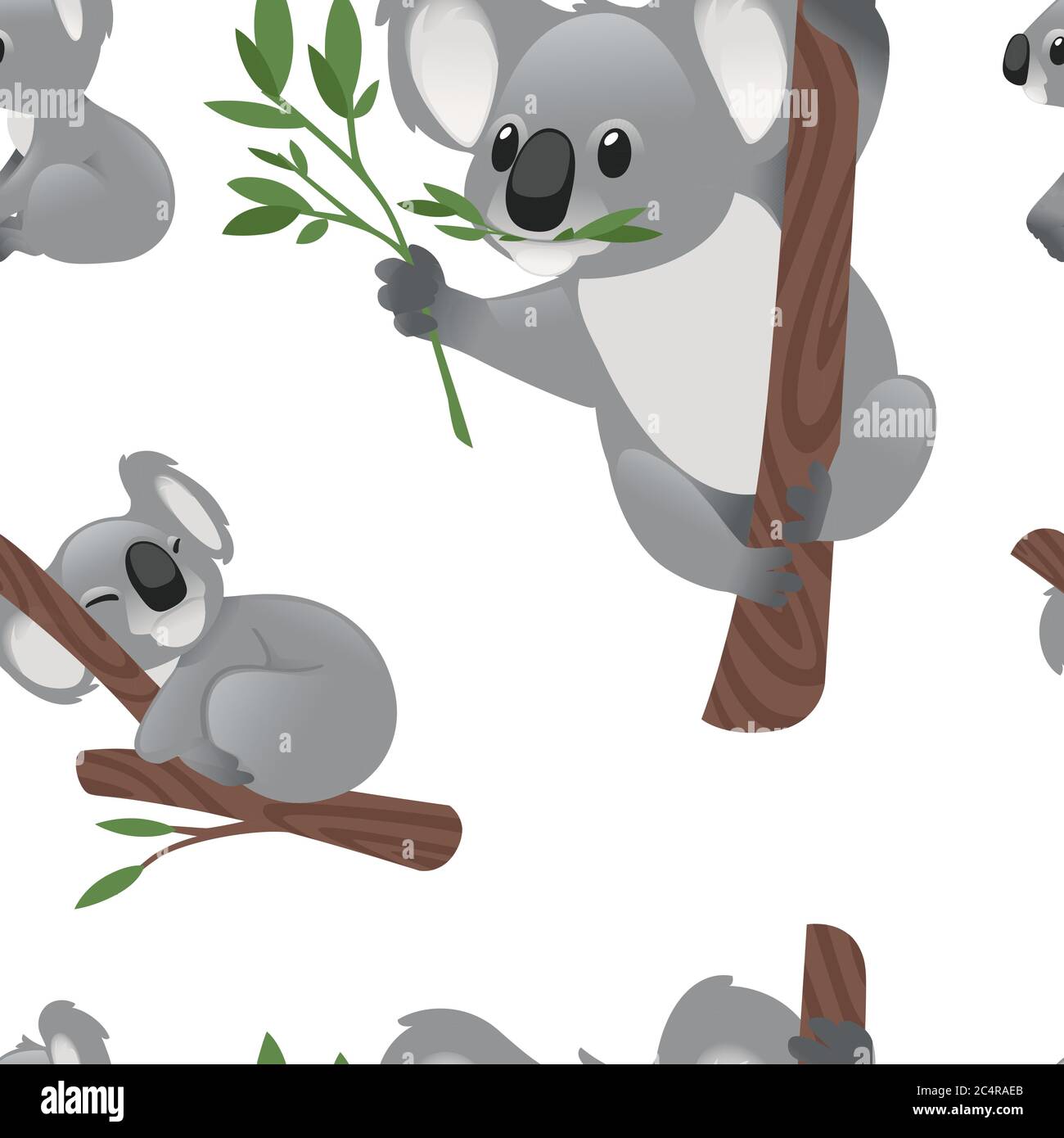 Seamless pattern of cute grey koala bear in different poses eating sleeping  leaves cartoon animal design flat vector illustration on white background  Stock Vector Image & Art - Alamy