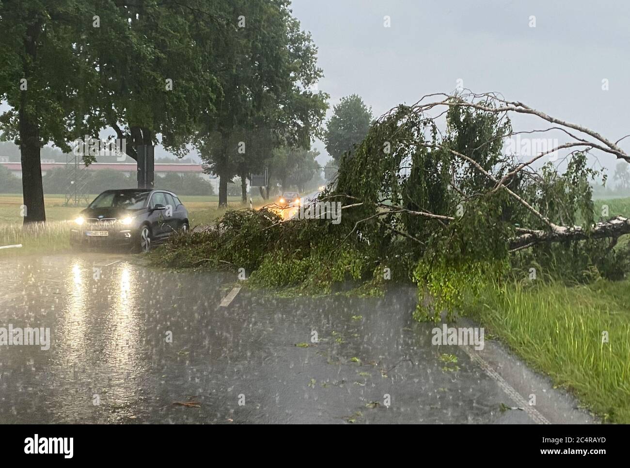 Chieming, Germany. 28th June, 2020. A fallen tree lies on a road. A thunderstorm front swept over the Chiemsee region. Credit: Bernd März/dpa/Alamy Live News Stock Photo
