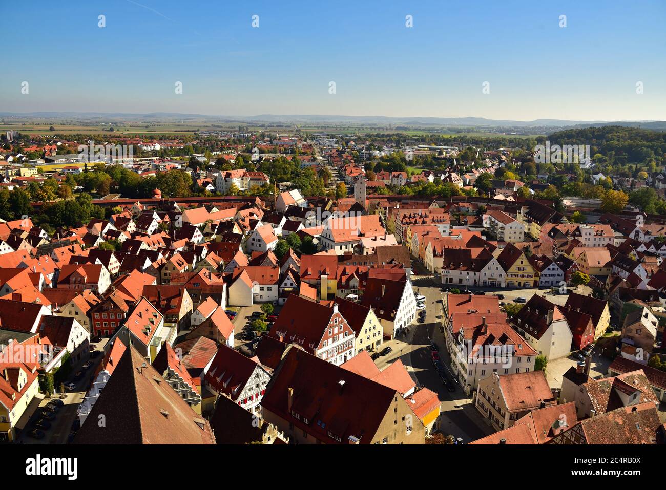 Looking down from The Tower of St. Georges Church at The Middle Ages History City of Nördlingen, Bavaria, Germany, Europe. Stock Photo