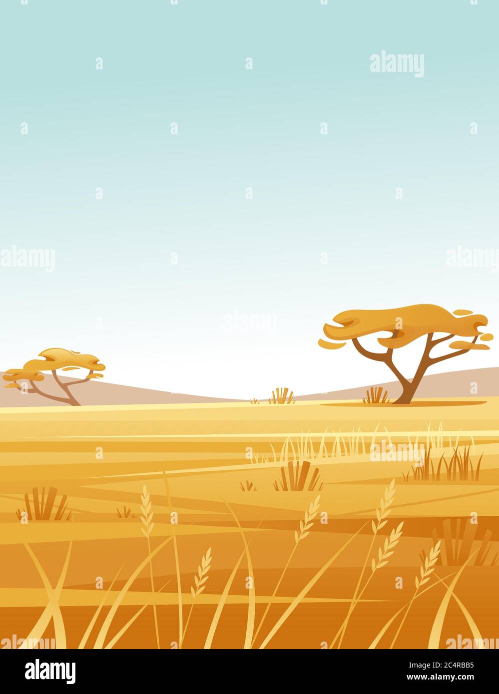 Landscape savanna background with clear sky yellow grass and tree flat