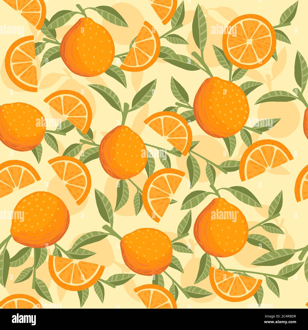 Seamless pattern of orange citrus yellow fruit whole halved and sliced ...
