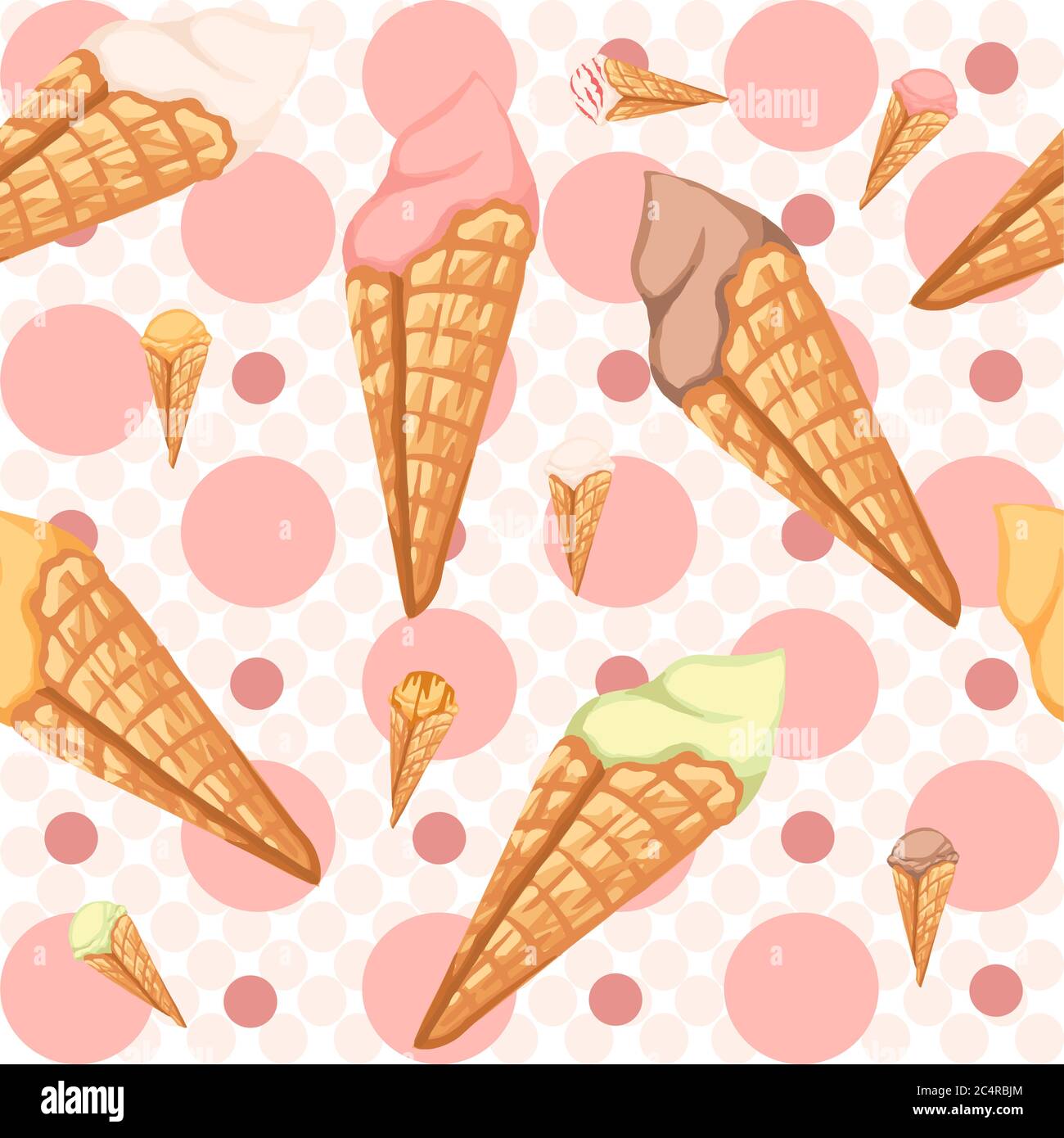 Seamless pattern of ice cream flavors in waffle cones with different ...