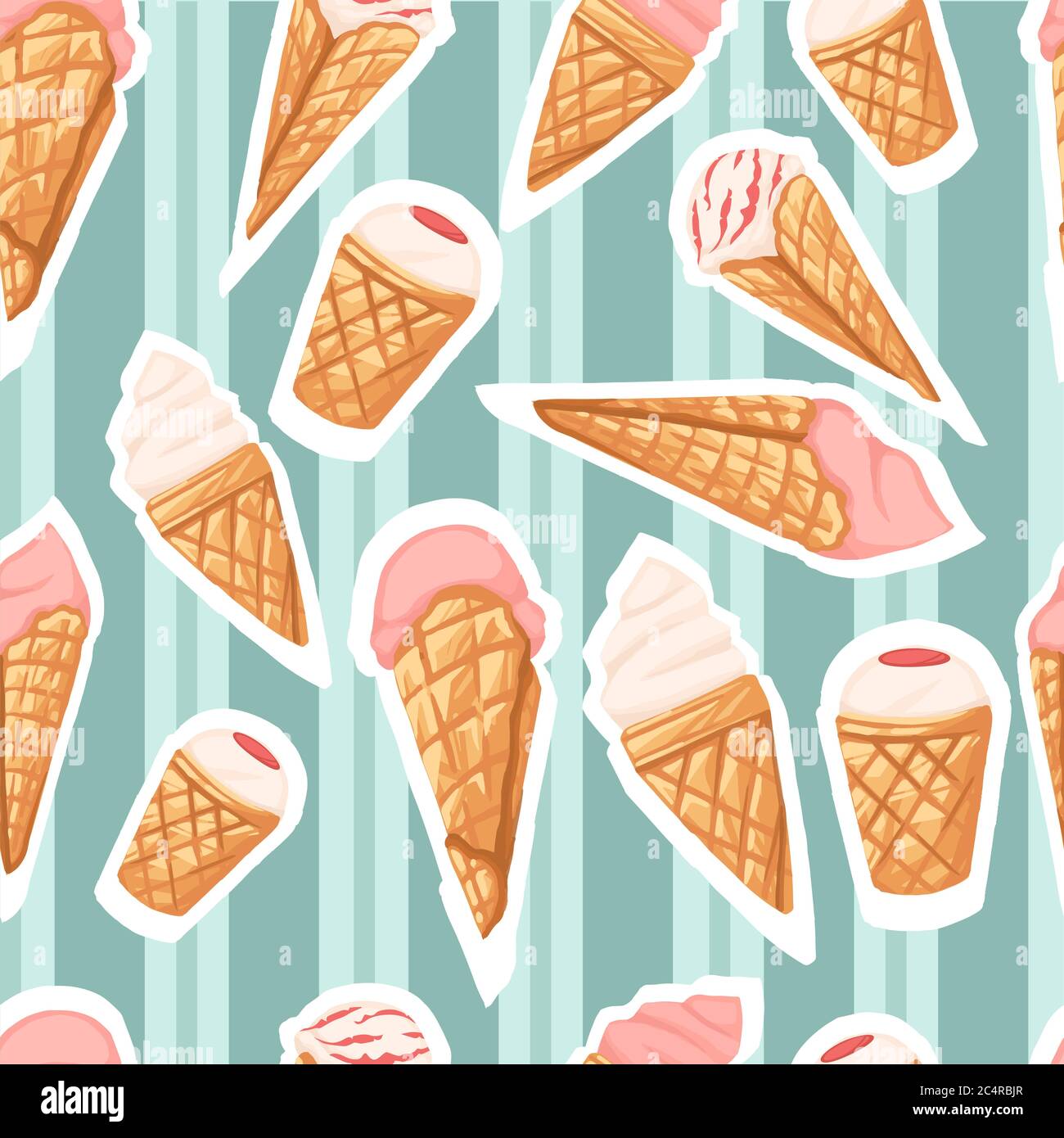 Seamless pattern of ice cream flavors in waffle cones with different ...