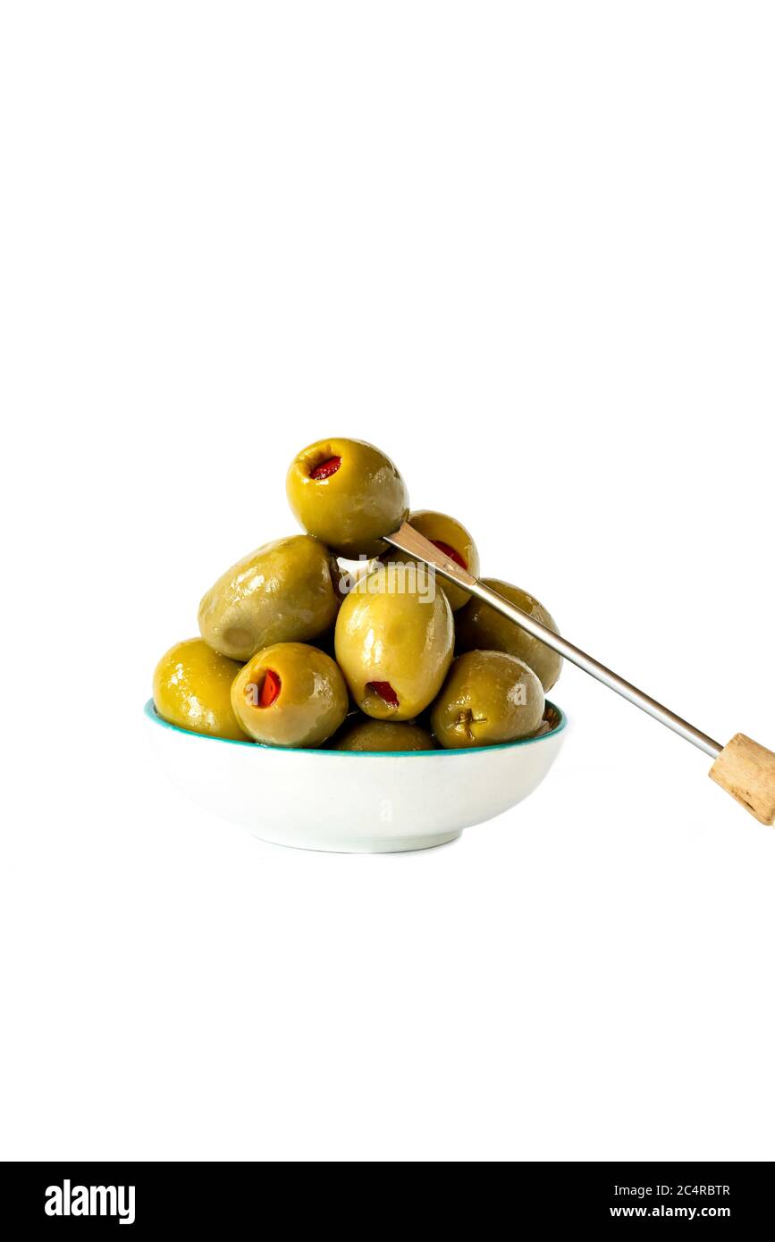 Green olives with pimento on white background Stock Photo Alamy