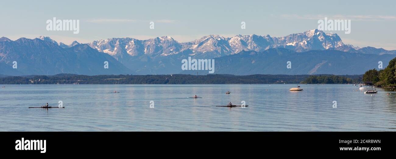 Large panorama of upper bavarian landscape with Lake Starnberg and alps. Stock Photo
