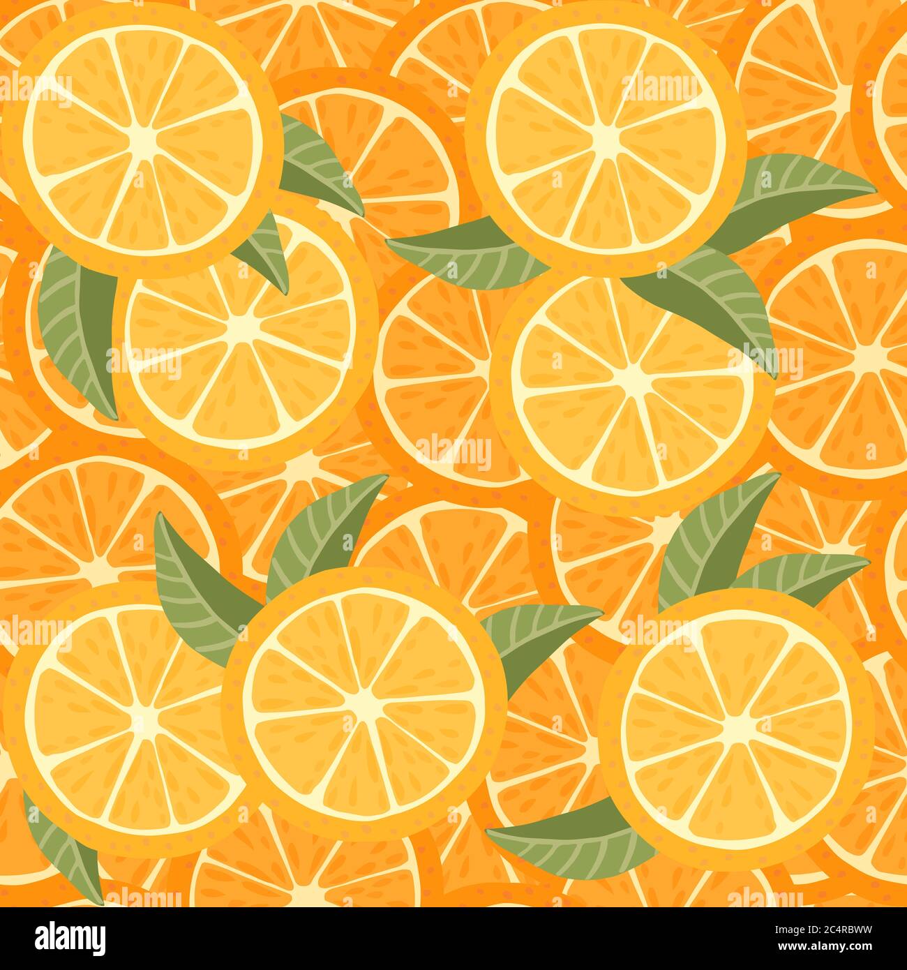 Seamless pattern of orange citrus fruit halved and sliced with green ...