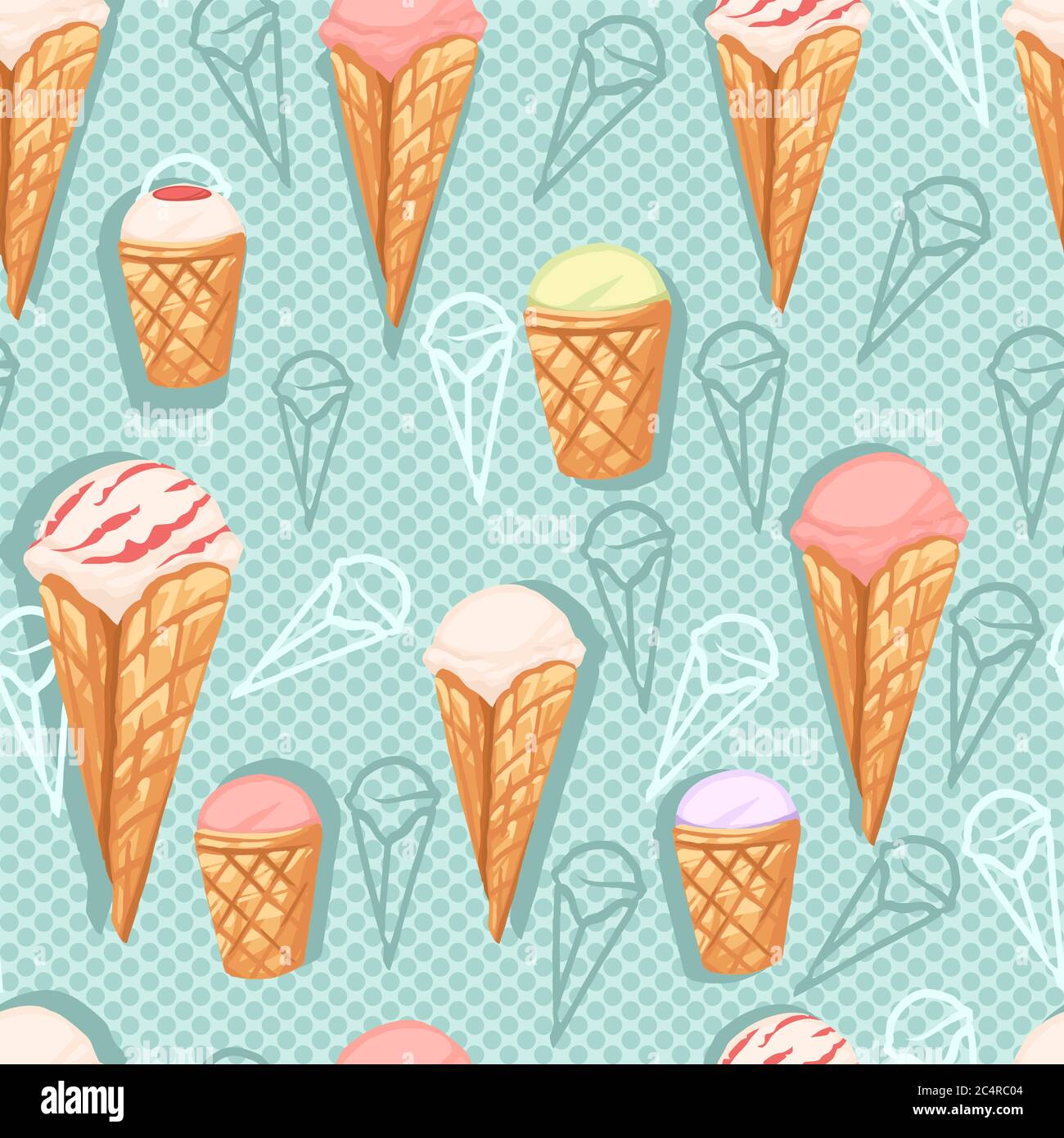 Seamless pattern of ice cream flavors in waffle cones with different ...