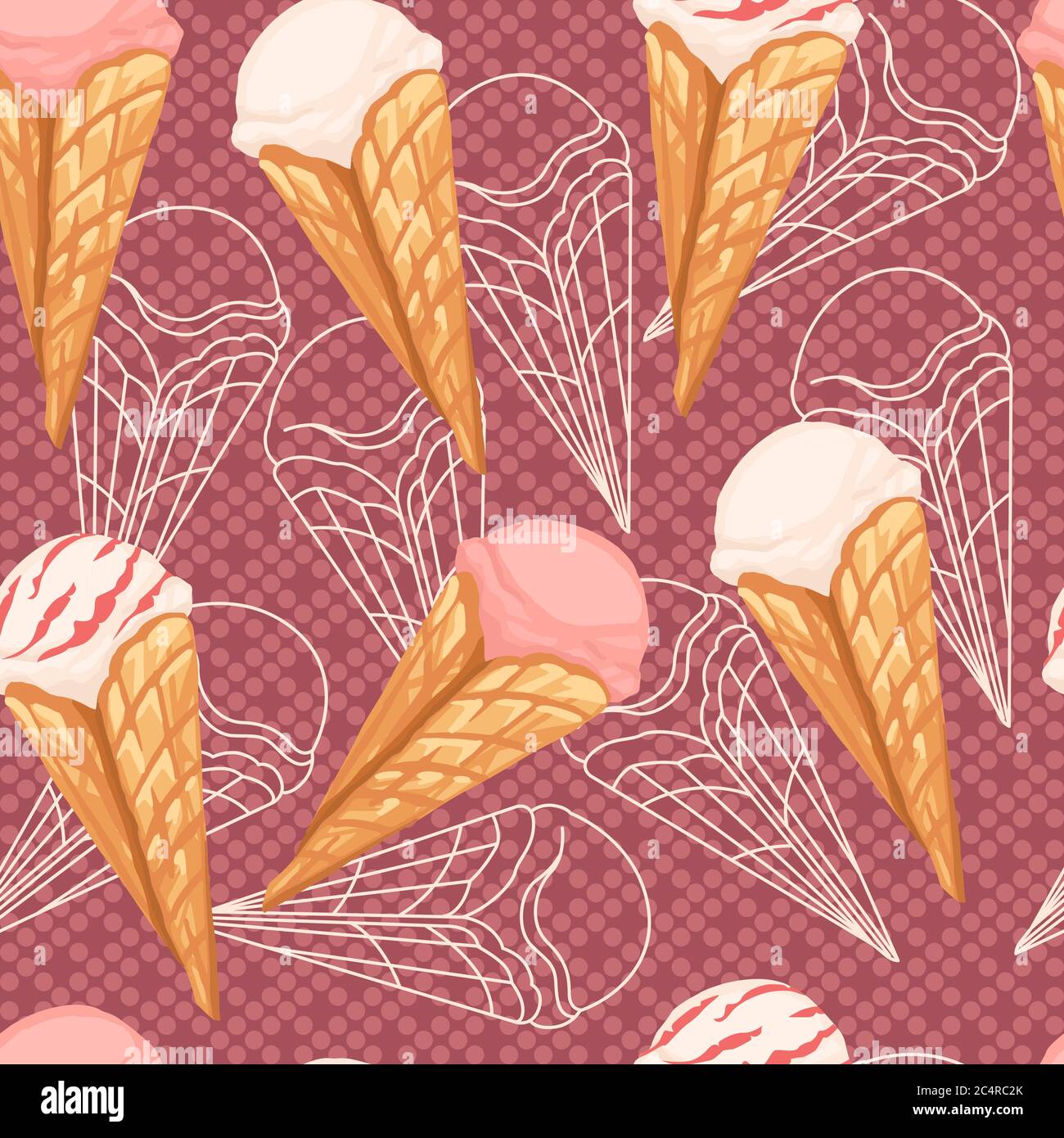 Seamless pattern of ice cream flavors in waffle cones with different ...